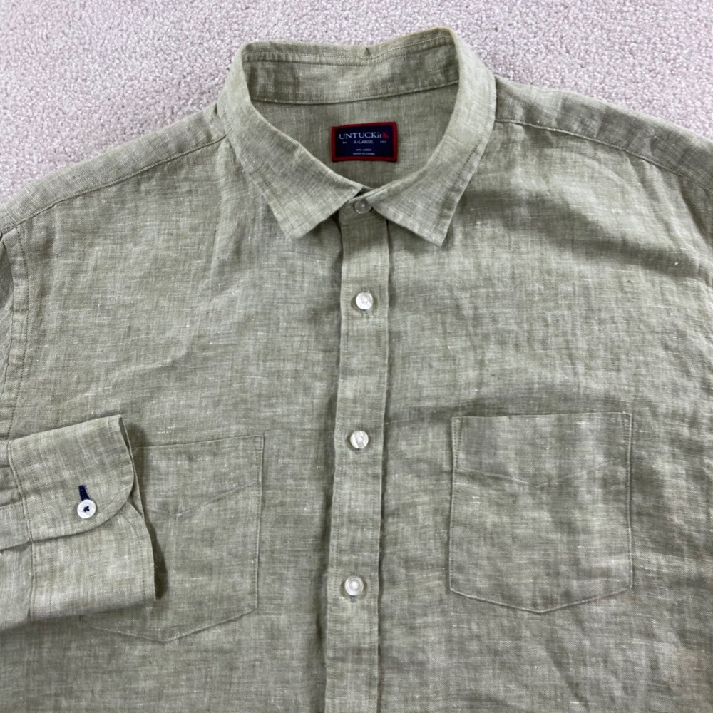 UNTUCKit Button Down Shirt Mens XL Green 100% Linen Long Sleeve Dual Pockets